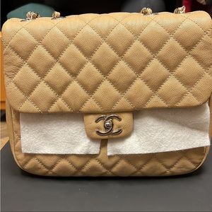 Chanel Large beige caviar quilted flap with sliver hardware